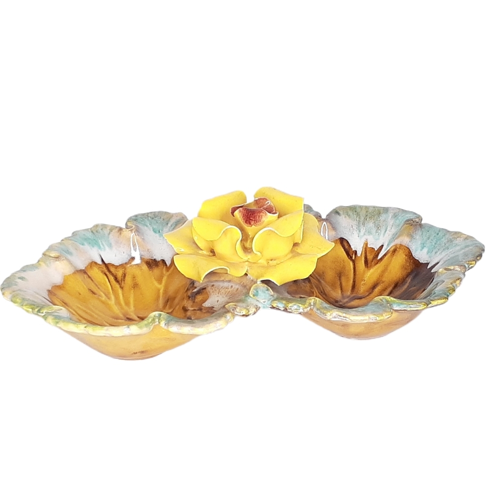 Vintage Yellow Rose & Leaf Double Sided Trinket Dish